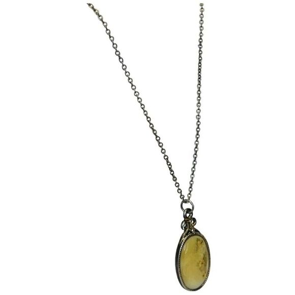 Vintage Yellow Flower Mother Of Pearl Oval Pendant 2 Tier Chain Necklace 21” - Picture 7 of 11